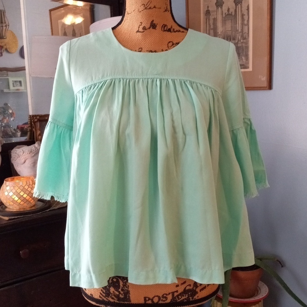 Crown and Ivy Mint Blue-Green Babydoll Pleated Bell Sleeve Blouse - Picture 3 of 13